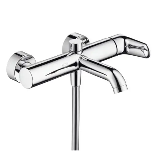 Chromfarbener Wandmischer von AXOR mit zwei Ausläufen, einem zentralen Griff und runden Wandbefestigungen. Funktionales Design ohne sichtbare Beschriftungen.